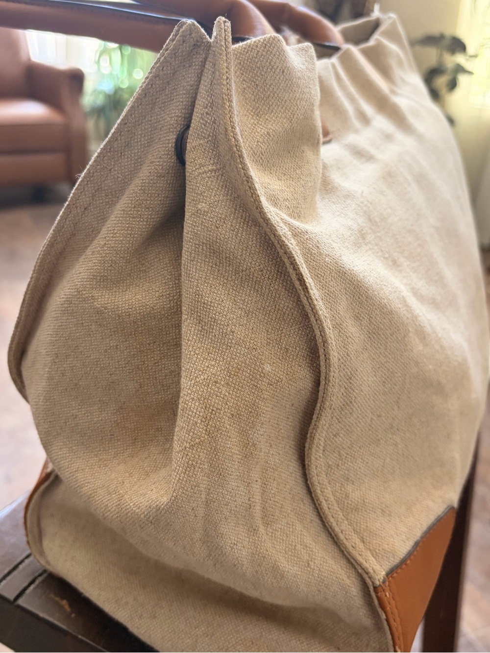Tory Burch Beige Canvas Tote with Brown Leather Trim and Embroidered Medallion - Picture 4 of 15